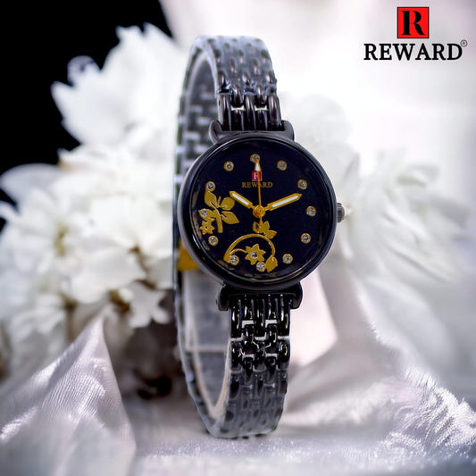 REWARD Floral Diamond Watch with Black Band