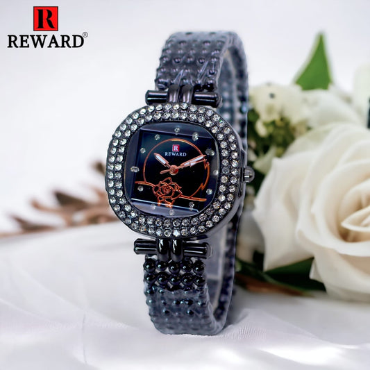 REWARD Black Square Watch with Diamond Accents